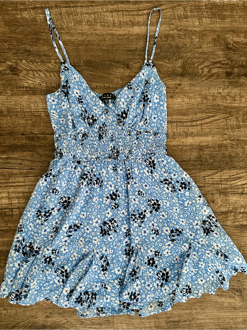 Trixxi Blue Floral Smocked Midi Dress with Black & White Accents